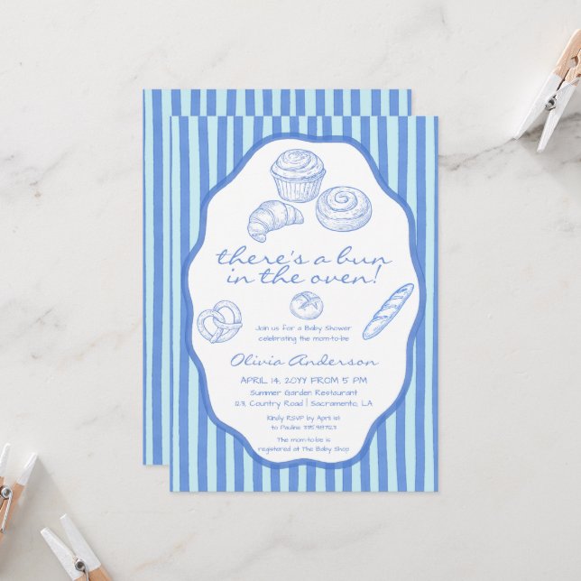 Bun in the oven blue pinstripes Baby Shower Invitation (Front/Back In Situ)