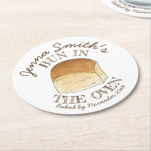 Bun in The Oven Bread Dinner Roll Baby Shower Round Paper Coaster