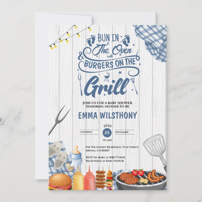 Bun in The Oven & Burgers Grill Baby Shower Boy Invitation (Front)