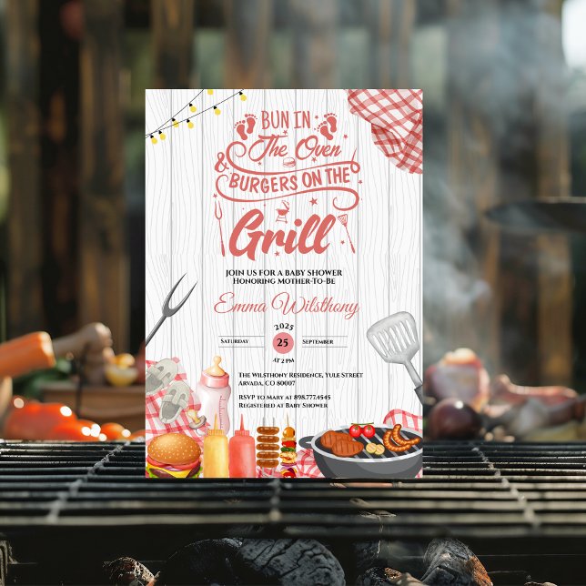 Bun in The Oven & Burgers Grill Baby Shower Girl  Invitation (Bun in the Oven and Burgers on the Grill BABY-Q fun saying quotes ^pink plaid for her summer coed )
