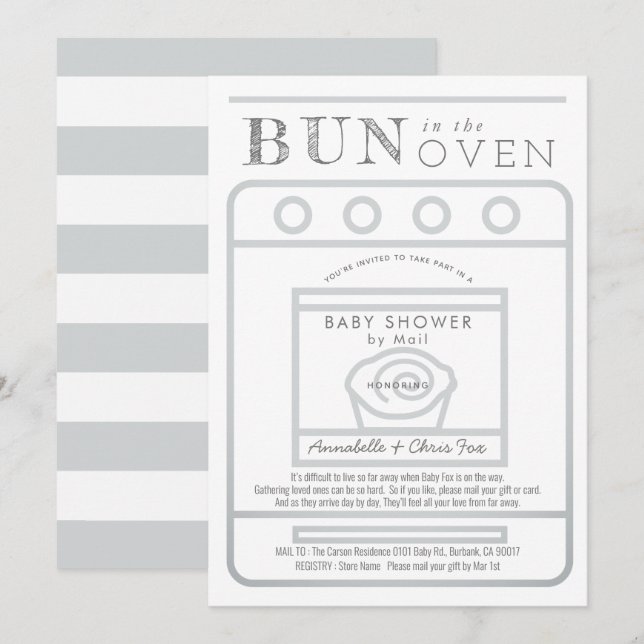 Bun in the Oven Grey Baby Shower by Mail Invitation (Front/Back)