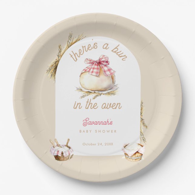 Bun In The Oven Pink Gingham Bow Baby Shower Paper Plate (Front)
