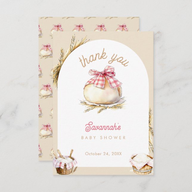 Bun In The Oven Pink Gingham Bow Baby Shower Thank You Card (Front/Back)