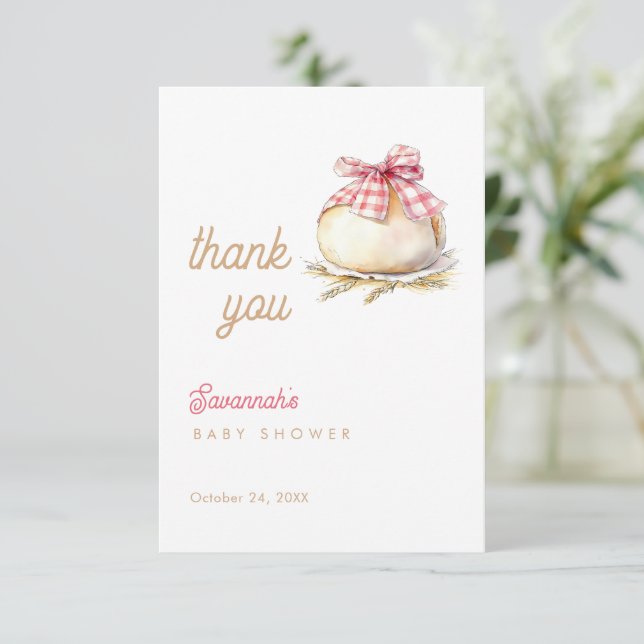 Bun In The Oven Pink Gingham Bow Baby Shower Thank You Card (Standing Front)