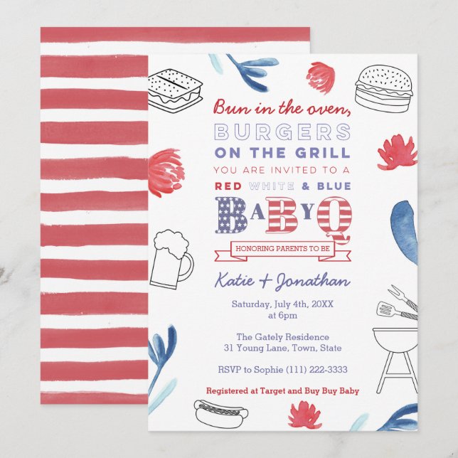 Bun in the Oven Red White Blue Couples Baby Shower Invitation (Front/Back)
