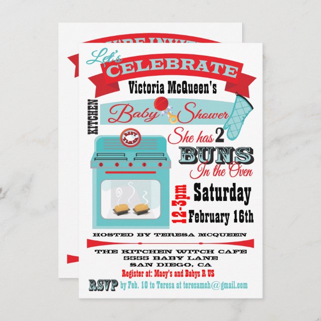 "Bun in the oven" Twins Baby Shower Invitations (Front/Back)