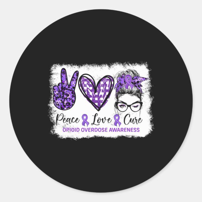 Bun Peace Love Cure Purple Ribbon Opioid Overdose  Classic Round Sticker (Front)