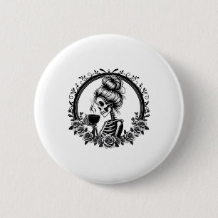 Bun Skeleton Drinking Coffee Vintage Halloween Fun 6 Cm Round Badge