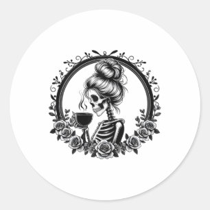 Bun Skeleton Drinking Coffee Vintage Halloween Fun Classic Round Sticker