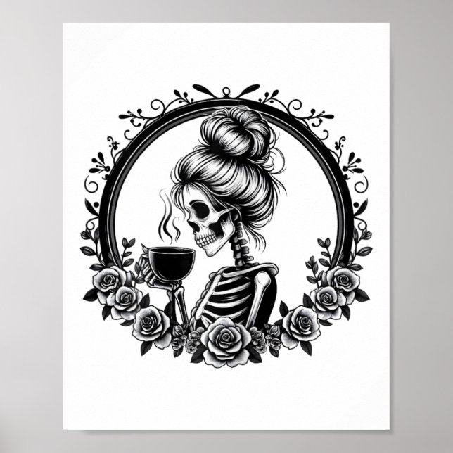 Bun Skeleton Drinking Coffee Vintage Halloween Fun Poster (Front)