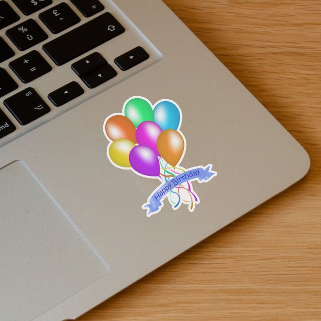 Bunch Bright Colourful Birthday Balloons Streamers (Bright bunch of colourful balloons with ribbons blue Happy Birthday Banner on vinyl sticker.)