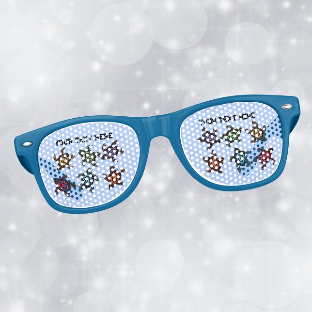 Bunch Fun Turtles coloured shells abstract Marking Retro Sunglasses (Bunch black turtles in various colours abstract marked shells on light blue retro party glasses.)