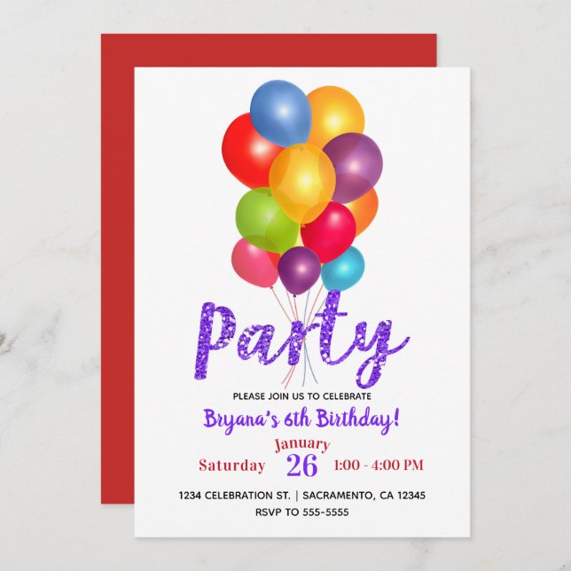 Bunch of Balloons Birthday Party Purple Glitter Invitation (Front/Back)