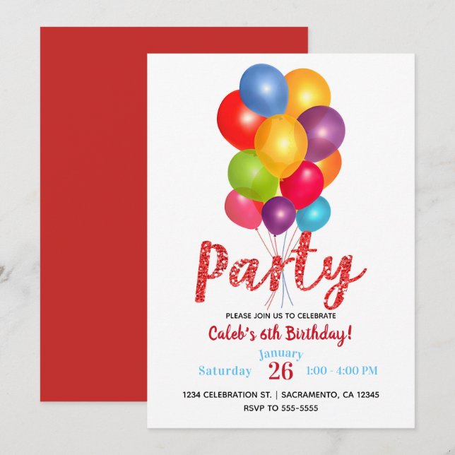 Bunch of Balloons Birthday Party Red Glitter Invitation (Front/Back)