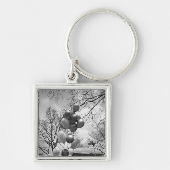 Bunch of balloons outdoors B&W low angle Key Ring (Front)