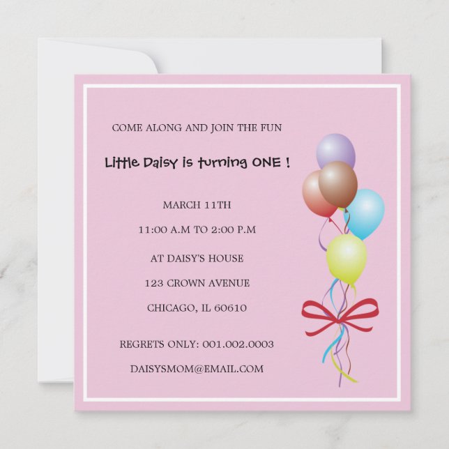 Bunch of Balloons - Pink birthday invitations (Front)