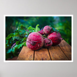 Bunch of Beets with Leaves on Table Poster