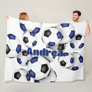 bunch of blue black soccer balls girls boys fleece blanket