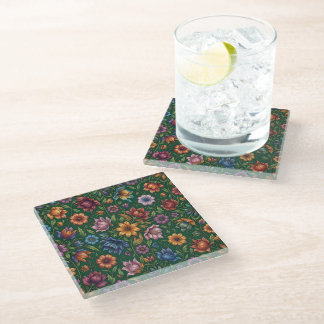 Bunch of colourful flowers on green glass coaster