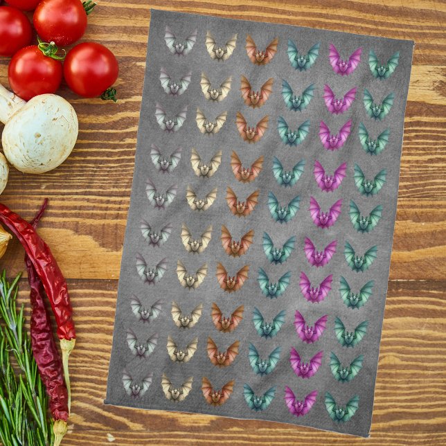 Bunch of Colourful Spooky Bats in Flight Dark Grey Tea Towel (Spooky flying bats in various colours on dark grey kitchen hand towel.)