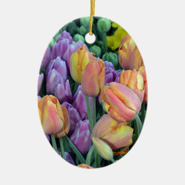 Bunch of colourful tulips ceramic tree decoration (Front)