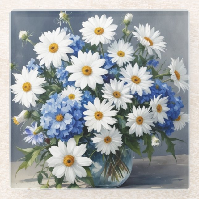 Bunch of Flowers Elegant Daisies Watercolor Glass Coaster (Front)