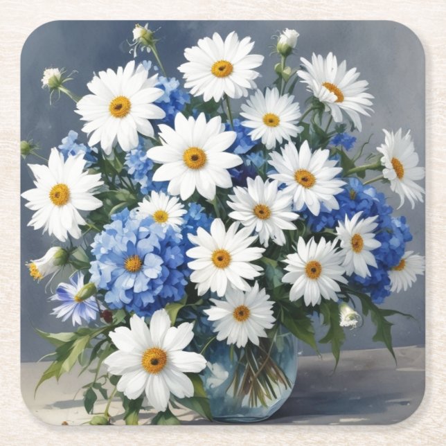Bunch of Flowers Elegant Daisies Watercolor Square Paper Coaster (Front)