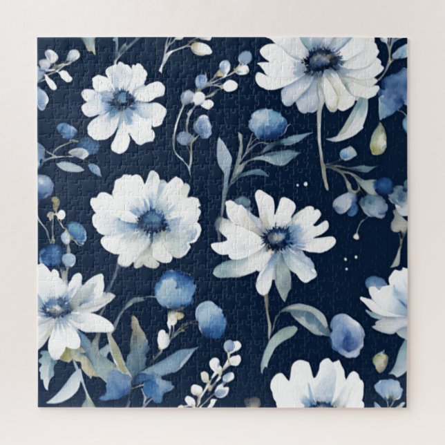 Bunch of Flowers Elegant Watercolor Blue Jigsaw Puzzle (Vertical)