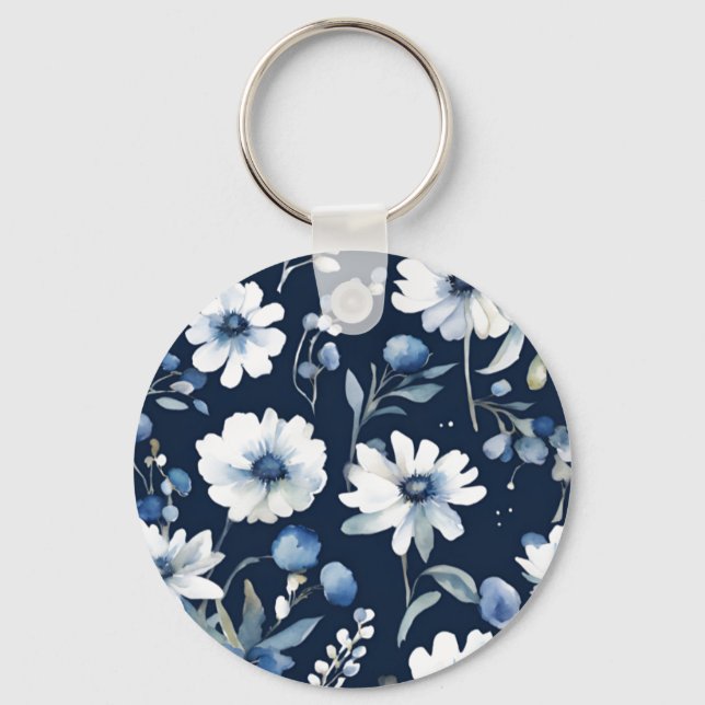 Bunch of Flowers Elegant Watercolor Blue Key Ring (Front)