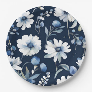 Bunch of Flowers Elegant Watercolor Blue Paper Plate