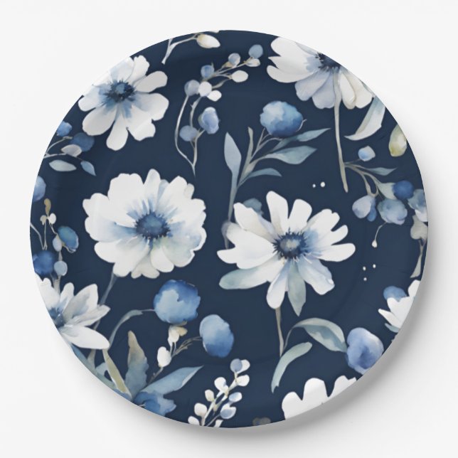 Bunch of Flowers Elegant Watercolor Blue Paper Plate (Front)