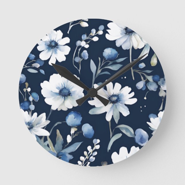 Bunch of Flowers Elegant Watercolor Blue Round Clock (Front)