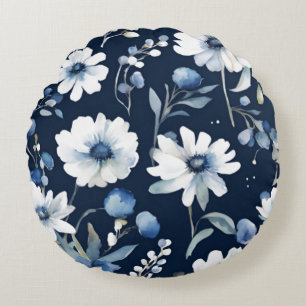Bunch of Flowers Elegant Watercolor Blue Round Cushion