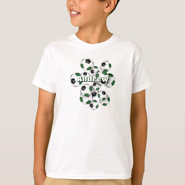 bunch of green black soccer balls kids name T-Shirt (Front)