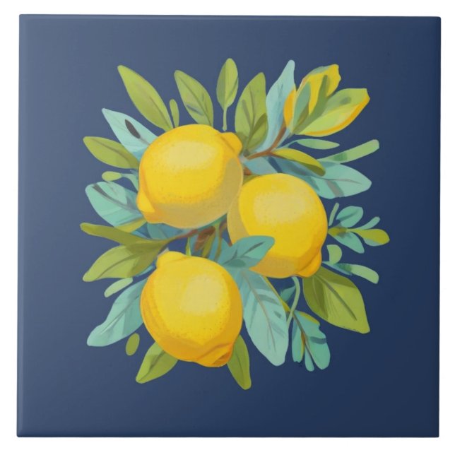 Bunch of Lemons on Mediterranean Dark Blue Tile (Front)