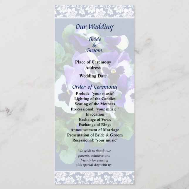 Bunch of Purple and White Pansies Wedding Program Programme (Front)