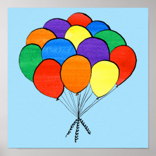 Bunch of Rainbow Coloured Balloons on Light Blue Poster
