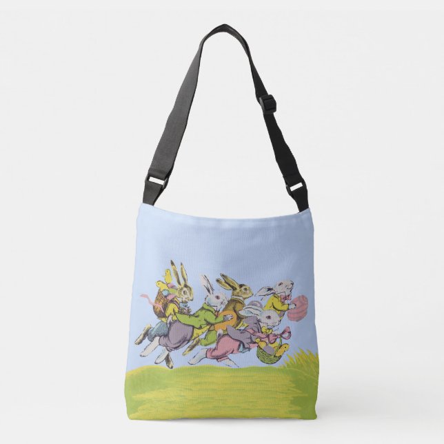 Bunch of Running Easter Rabbits in Grass Baskets Crossbody Bag (Front)