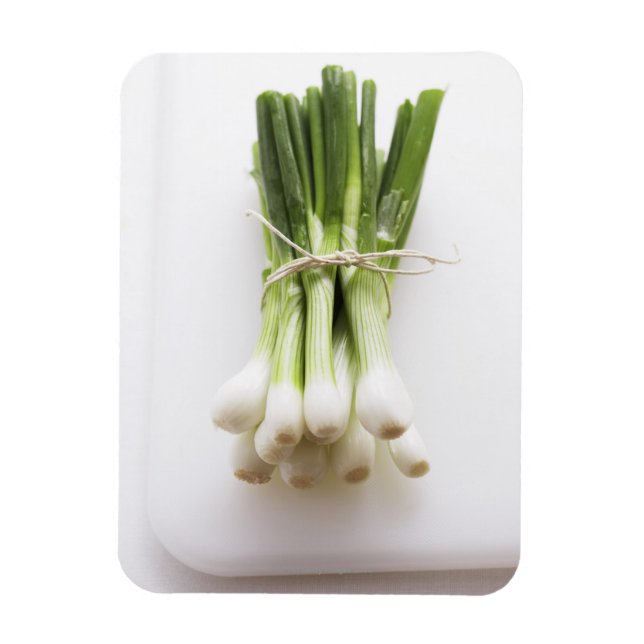 Bunch of spring onions on white chopping board magnet (Vertical)