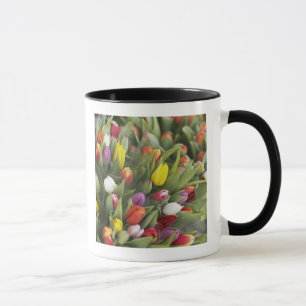Bunches of colourful tulips mug
