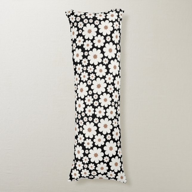 Bunches of happy white daisy flowers tan centre body cushion (Front Vertical)