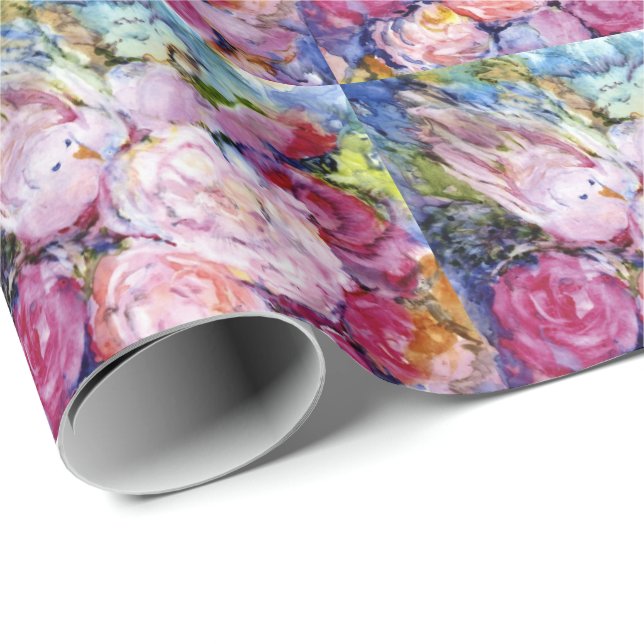 Bunches of Pink Flowers and Pink Bird Wrapping Paper (Roll Corner)