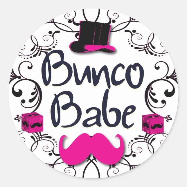 Bunco Babe with Pink Top Hat and Pink Moustache Classic Round Sticker (Front)