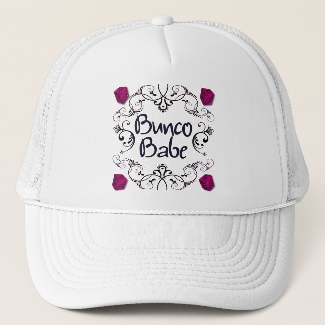 Bunco Babe with Swirls Button Trucker Hat (Front)