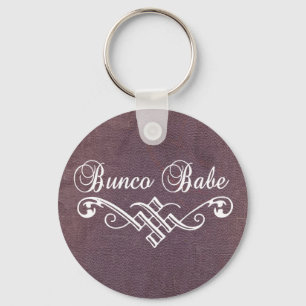 bunco babe with white lettering and purple leather key ring