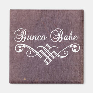 bunco babe with white lettering and purple leather magnet