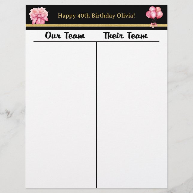 Bunco Black Gold Pink Birthday Tally Score Sheet (Front)