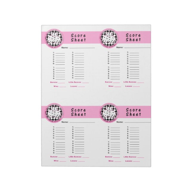 Bunco Chicks Roll with it Score Card Pink - 160 Notepad (Rotated)