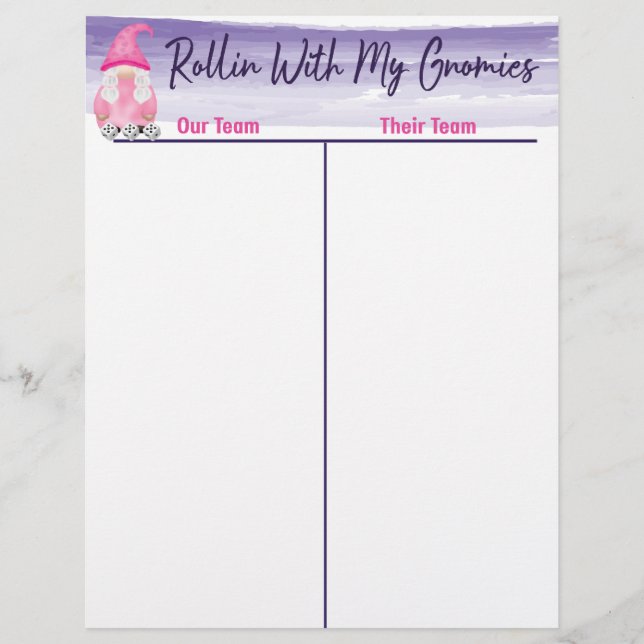 Bunco Cute Gnome Dice Tally Score Sheet  (Front)
