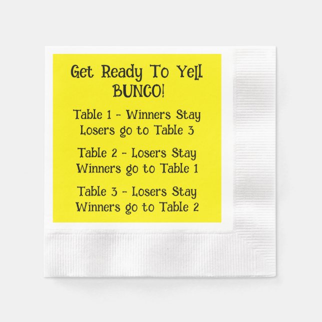 Bunco Directions Napkin in Yellow (Front)
